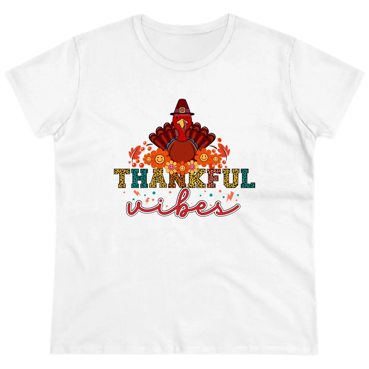 Turkey Vibes Thanksgiving Design Ladies Tee in White